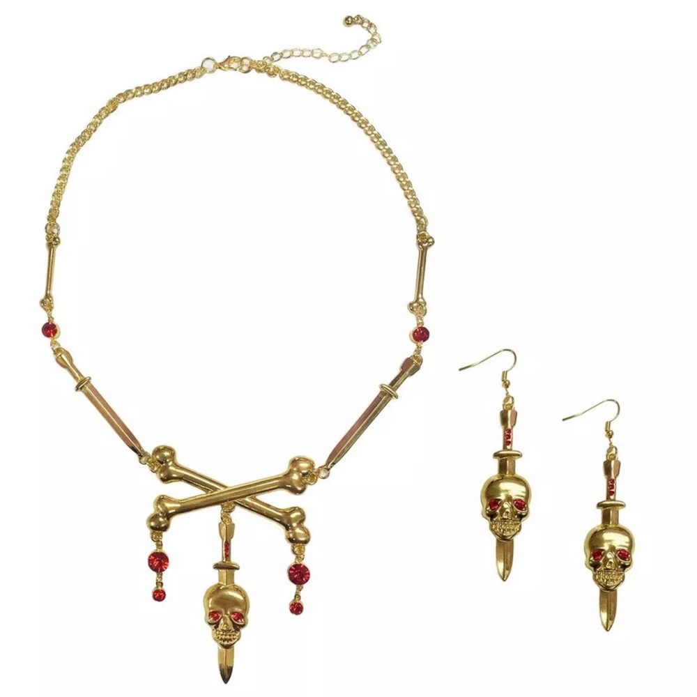 Gold Skull Pirate Jewelry Set: Gold Skull Necklace and Dangle Earrings